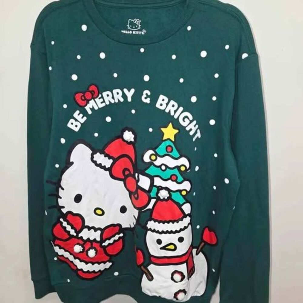 Hello Kitty 'Be Merry & Bright' Christmas Sweatshirt. GREEN, Adult Size XL - NEW